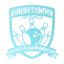 Load image into Gallery viewer, Classy Bowling "Badge" Trophy, Sponsor Appreciation, Family Name Precision Laser Cut Steel Sign, Multi Sizes & Colors