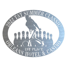Load image into Gallery viewer, Oval Male/Female Bowler Unique Trophy, Sponsor Appreciation, Monogram Laser Cut Steel Sign, Multi Sizes & Colors