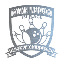 Load image into Gallery viewer, Classy Bowling "Badge" Trophy, Sponsor Appreciation, Family Name Precision Laser Cut Steel Sign, Multi Sizes & Colors