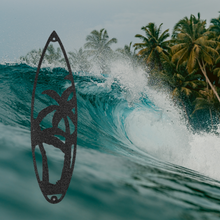 Load image into Gallery viewer, Surfboard with Palm Tree Silhouette, Stock Laser Cut Steel Wall Art, Multi Sizes & Colors