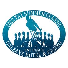 Load image into Gallery viewer, Oval Male/Female Bowler Unique Trophy, Sponsor Appreciation, Monogram Laser Cut Steel Sign, Multi Sizes & Colors