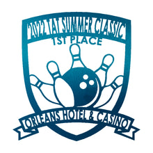 Load image into Gallery viewer, Classy Bowling "Badge" Trophy, Sponsor Appreciation, Family Name Precision Laser Cut Steel Sign, Multi Sizes & Colors