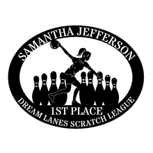 Load image into Gallery viewer, Oval Male/Female Bowler Unique Trophy, Sponsor Appreciation, Monogram Laser Cut Steel Sign, Multi Sizes & Colors