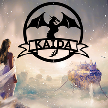 Load image into Gallery viewer, Winged Dragon Ribbon Banner Steel Monogram Plaque, Fantasy Protection Spirit Guide