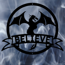 Load image into Gallery viewer, Winged Dragon Ribbon Banner Steel Monogram Plaque, Fantasy Protection Spirit Guide