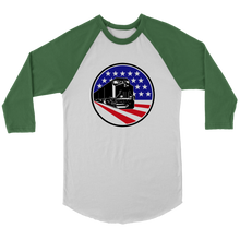 Load image into Gallery viewer, Diesel Locomotive Over Flag Background, 3/4 Raglan Sleeve Unisex Shirt, Multiple Colors, Shipping Included