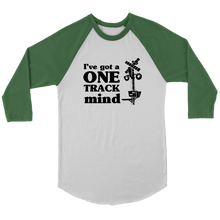 Load image into Gallery viewer, One Track Mind - 3/4 Raglan Sleeve Unisex Shirt, Multiple Colors, Shipping Included