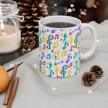 Load image into Gallery viewer, Brightly Colored Sheet Music Symbols Mug 11oz/15oz Musician Gift Unisex Shipping Included