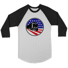 Load image into Gallery viewer, Diesel Locomotive Over Flag Background, 3/4 Raglan Sleeve Unisex Shirt, Multiple Colors, Shipping Included