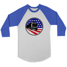 Load image into Gallery viewer, Diesel Locomotive Over Flag Background, 3/4 Raglan Sleeve Unisex Shirt, Multiple Colors, Shipping Included