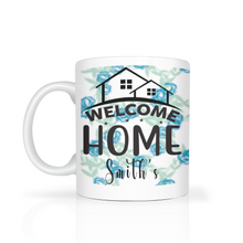 Load image into Gallery viewer, Personalized WELCOME HOME FAMILY, Set of 4 Mugs with Blue Floral Background, Shipping Included