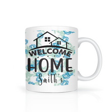 Load image into Gallery viewer, Personalized WELCOME HOME FAMILY, Set of 4 Mugs with Blue Floral Background, Shipping Included