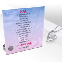 Load image into Gallery viewer, Love Is Patient, Love Is Kind - Glass Message Display and Choice of Gorgeous Pendant in Multi Styles - Shipping Included