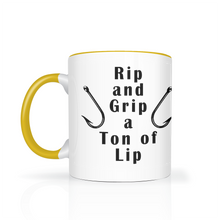 Load image into Gallery viewer, Rip and Grip a Ton of Lip Fishing Two Tone Ceramic 11 oz Mug, Unisex, Multi Colors, Free Shipping