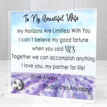Load image into Gallery viewer, My Beautiful Wife - Limitless Horizons Glass Message Card With Choice of Four Stunning Pendant Necklaces or Alone. Free Shipping.