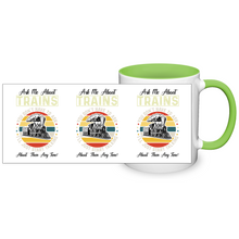 Load image into Gallery viewer, Ask Me About Trains Two Tone 11 oz Ceramic Mug, Model Train Guy Gift, Shipping Included