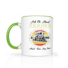 Load image into Gallery viewer, Ask Me About Trains Two Tone 11 oz Ceramic Mug, Model Train Guy Gift, Shipping Included