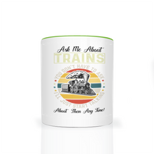 Load image into Gallery viewer, Ask Me About Trains Two Tone 11 oz Ceramic Mug, Model Train Guy Gift, Shipping Included