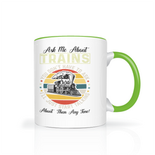 Load image into Gallery viewer, Ask Me About Trains Two Tone 11 oz Ceramic Mug, Model Train Guy Gift, Shipping Included