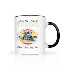 Load image into Gallery viewer, Ask Me About Trains Two Tone 11 oz Ceramic Mug, Model Train Guy Gift, Shipping Included
