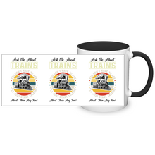 Load image into Gallery viewer, Ask Me About Trains Two Tone 11 oz Ceramic Mug, Model Train Guy Gift, Shipping Included