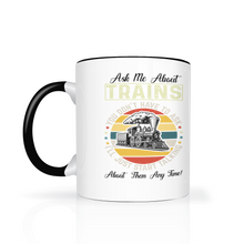 Load image into Gallery viewer, Ask Me About Trains Two Tone 11 oz Ceramic Mug, Model Train Guy Gift, Shipping Included