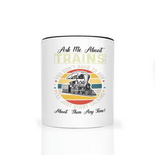 Load image into Gallery viewer, Ask Me About Trains Two Tone 11 oz Ceramic Mug, Model Train Guy Gift, Shipping Included