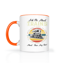 Load image into Gallery viewer, Ask Me About Trains Two Tone 11 oz Ceramic Mug, Model Train Guy Gift, Shipping Included