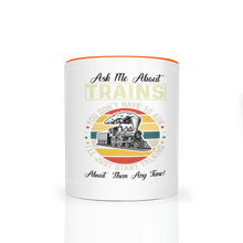 Load image into Gallery viewer, Ask Me About Trains Two Tone 11 oz Ceramic Mug, Model Train Guy Gift, Shipping Included