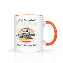 Load image into Gallery viewer, Ask Me About Trains Two Tone 11 oz Ceramic Mug, Model Train Guy Gift, Shipping Included
