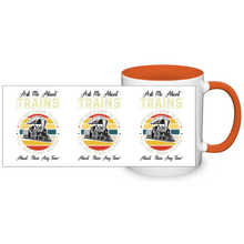 Load image into Gallery viewer, Ask Me About Trains Two Tone 11 oz Ceramic Mug, Model Train Guy Gift, Shipping Included