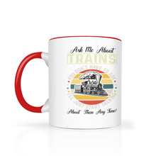 Load image into Gallery viewer, Ask Me About Trains Two Tone 11 oz Ceramic Mug, Model Train Guy Gift, Shipping Included