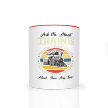 Load image into Gallery viewer, Ask Me About Trains Two Tone 11 oz Ceramic Mug, Model Train Guy Gift, Shipping Included