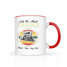 Load image into Gallery viewer, Ask Me About Trains Two Tone 11 oz Ceramic Mug, Model Train Guy Gift, Shipping Included
