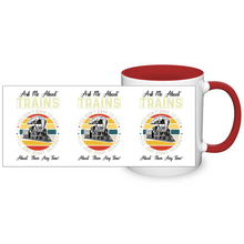 Load image into Gallery viewer, Ask Me About Trains Two Tone 11 oz Ceramic Mug, Model Train Guy Gift, Shipping Included