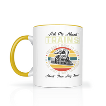 Load image into Gallery viewer, Ask Me About Trains Two Tone 11 oz Ceramic Mug, Model Train Guy Gift, Shipping Included