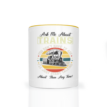 Load image into Gallery viewer, Ask Me About Trains Two Tone 11 oz Ceramic Mug, Model Train Guy Gift, Shipping Included