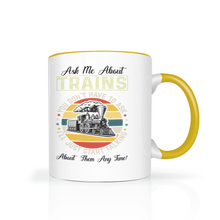 Load image into Gallery viewer, Ask Me About Trains Two Tone 11 oz Ceramic Mug, Model Train Guy Gift, Shipping Included