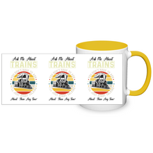 Load image into Gallery viewer, Ask Me About Trains Two Tone 11 oz Ceramic Mug, Model Train Guy Gift, Shipping Included