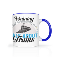Load image into Gallery viewer, Warning May Spontaneously Talk About Trains Two Tone 11oz Ceramic Mug, Great Train Guy Gift, Shipping Included