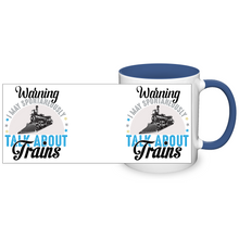 Load image into Gallery viewer, Warning May Spontaneously Talk About Trains Two Tone 11oz Ceramic Mug, Great Train Guy Gift, Shipping Included