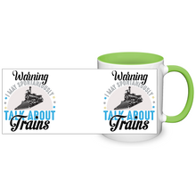 Load image into Gallery viewer, Warning May Spontaneously Talk About Trains Two Tone 11oz Ceramic Mug, Great Train Guy Gift, Shipping Included