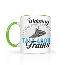 Load image into Gallery viewer, Warning May Spontaneously Talk About Trains Two Tone 11oz Ceramic Mug, Great Train Guy Gift, Shipping Included