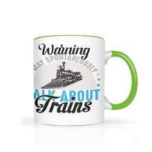 Load image into Gallery viewer, Warning May Spontaneously Talk About Trains Two Tone 11oz Ceramic Mug, Great Train Guy Gift, Shipping Included