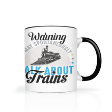 Load image into Gallery viewer, Warning May Spontaneously Talk About Trains Two Tone 11oz Ceramic Mug, Great Train Guy Gift, Shipping Included
