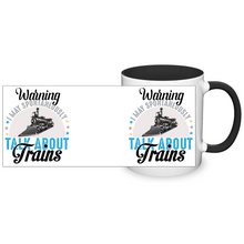 Load image into Gallery viewer, Warning May Spontaneously Talk About Trains Two Tone 11oz Ceramic Mug, Great Train Guy Gift, Shipping Included