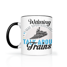 Load image into Gallery viewer, Warning May Spontaneously Talk About Trains Two Tone 11oz Ceramic Mug, Great Train Guy Gift, Shipping Included