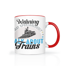 Load image into Gallery viewer, Warning May Spontaneously Talk About Trains Two Tone 11oz Ceramic Mug, Great Train Guy Gift, Shipping Included