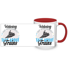 Load image into Gallery viewer, Warning May Spontaneously Talk About Trains Two Tone 11oz Ceramic Mug, Great Train Guy Gift, Shipping Included