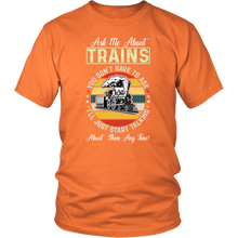 Load image into Gallery viewer, Ask Me About Trains Mens Unisex T-Shirt, Mutiple Colors, Extended Sizes, Shipping Included
